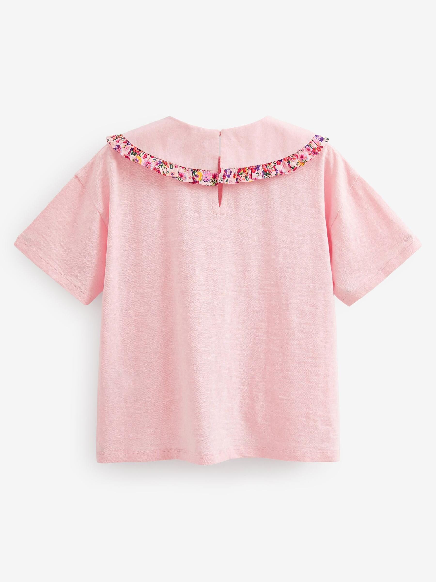Roze - T-shirt met geborduurde kraag en bloemen (3-16 jr)