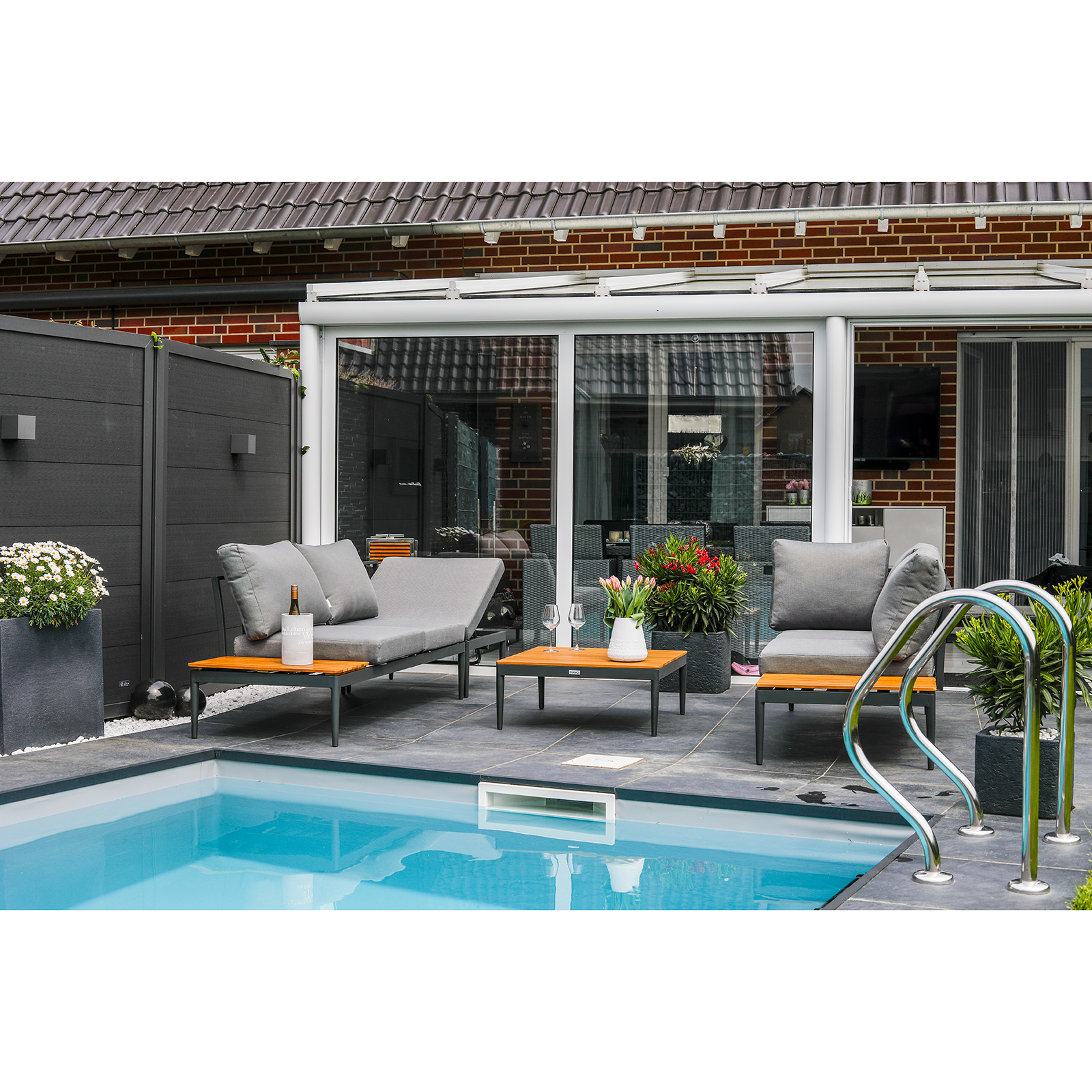 Lounge-Gartenmöbel-Set - teakfarben-grau - Akazie massiv
