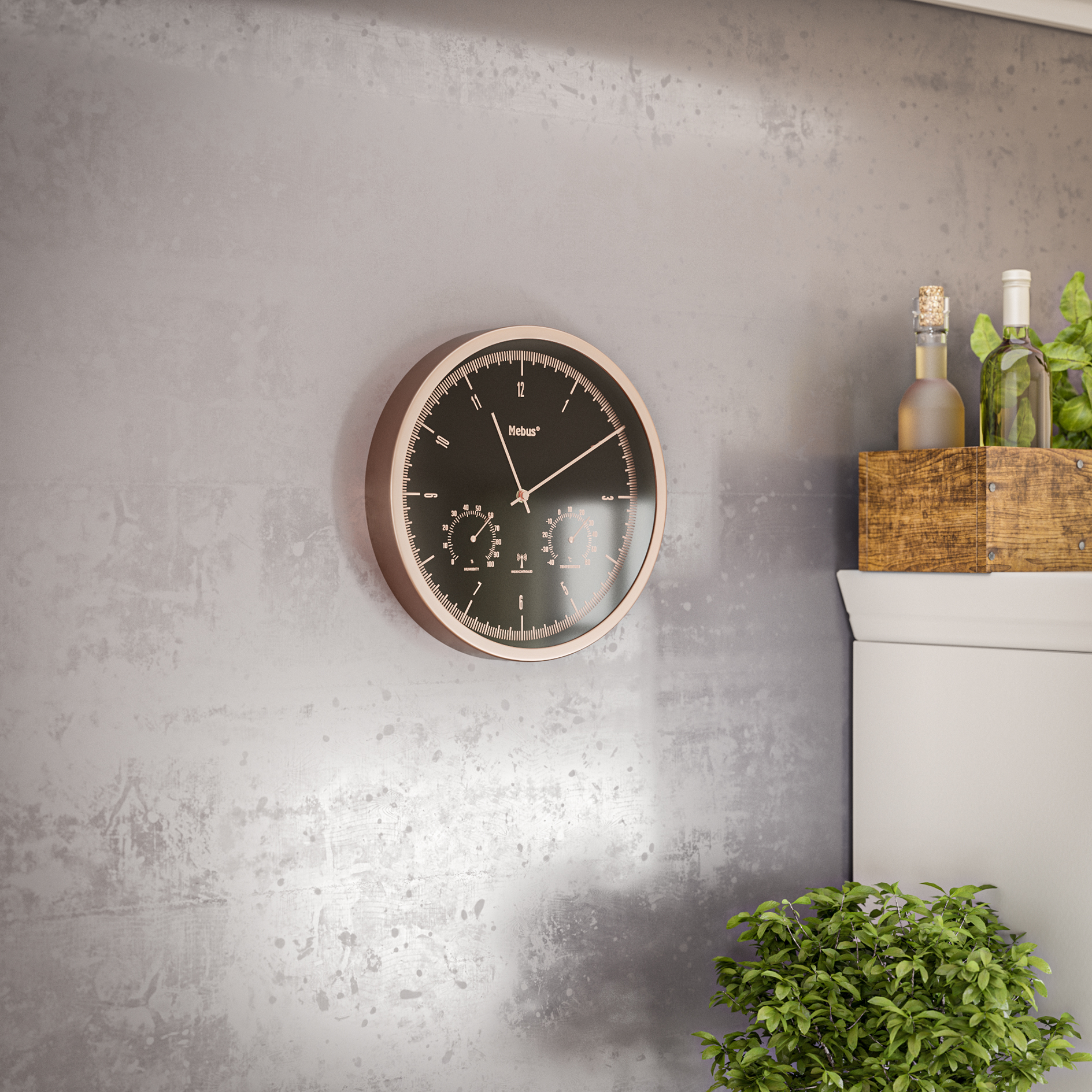 MEBUS Funk-Wanduhr - roségold-schwarz - Thermo-/Hygrometer - Ø 25 cm