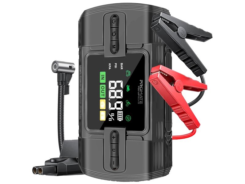 Promate PatrolPack-3 Hochleistungs-Auto-Starter Leistungsstarker Jump Starter, 150PSI Luftkompressor, 12000 mAh Powerbank & Taschenlampe