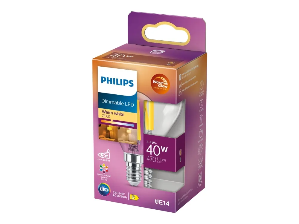 Philips - LED-filament-lyspære - form: P45 - klar finish - E14 - 3.4 W (tilsvarende 40 W) - klasse D - varmt hvidt lys - 2200-2700 K