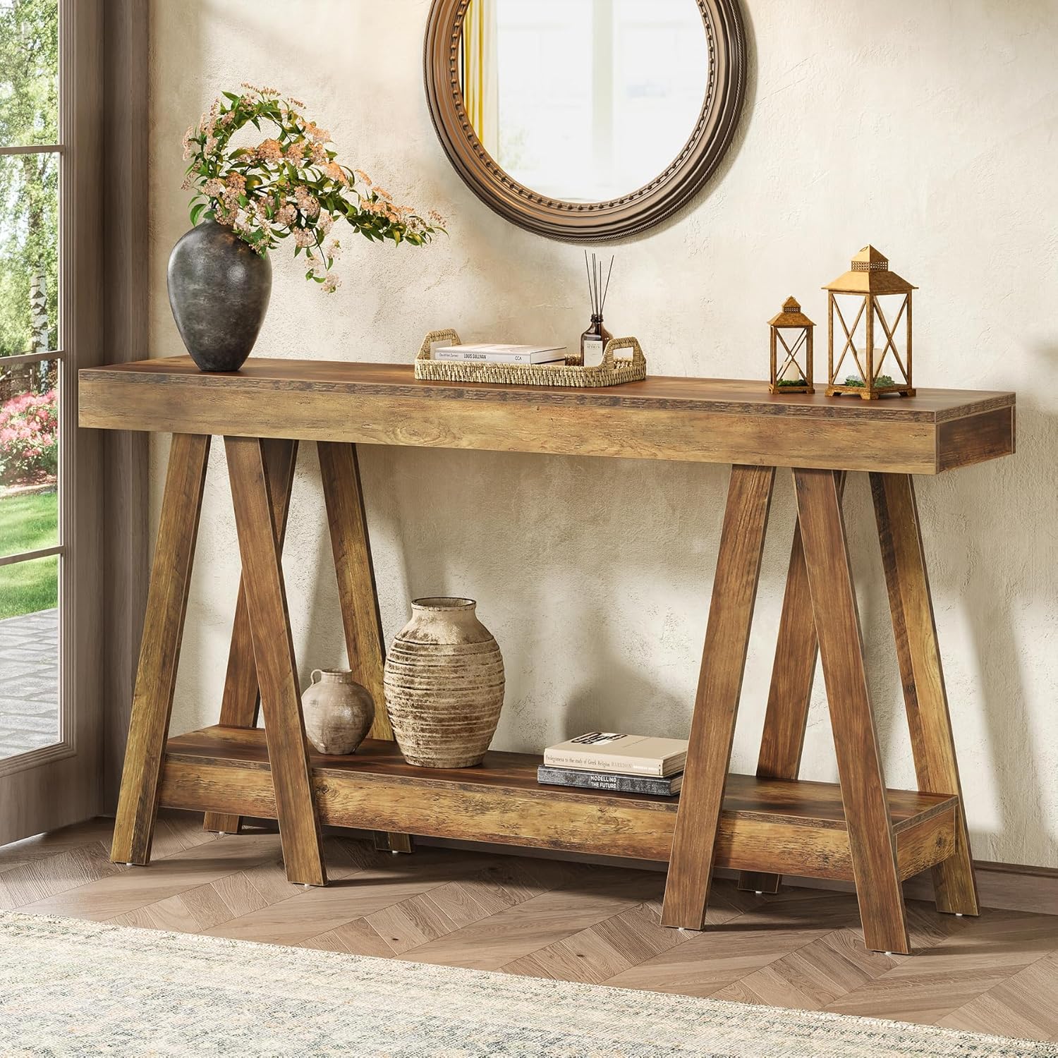 Tribesigns 140cm Farmhouse-Konsolentisch mit Stauraum, rustikaler brauner Sofatisch aus Holz für Eingangsbereich, Foyer, Flur, Wohnzimmer (Helles Eichenbraun)