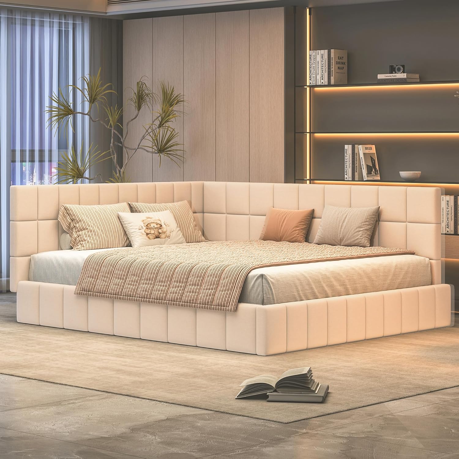 Polsterbett Schlafsofa 160x200, Doppelbett mit Lattenrost, Daybett Tagesbett Jugendbett Kinderbett Gästebett, Samt, ohne Matratze, Beige