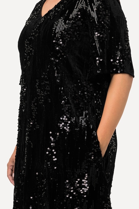 Samtkleid, Pailletten, A-Linie, V-Ausschnitt, 3/4-Arm