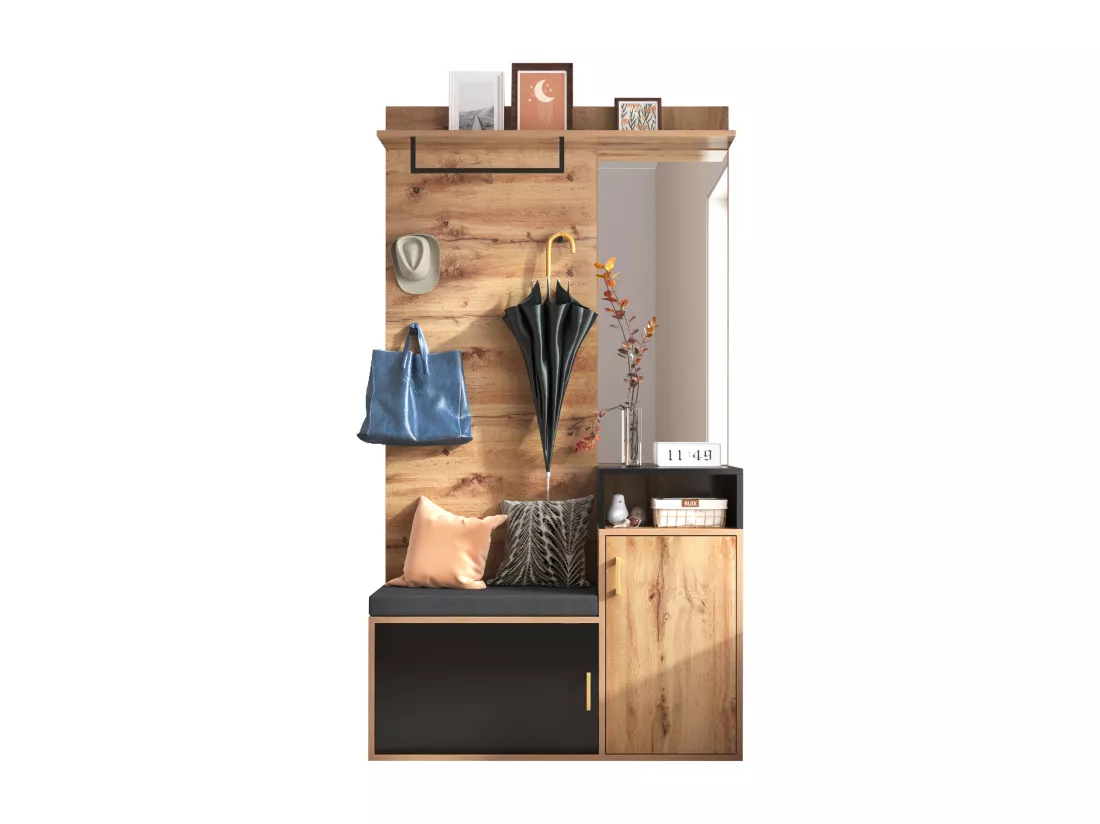 Vestiaire d'entrée avec miroir et meuble à chaussures - Hauteur 190cm - naturel & noir