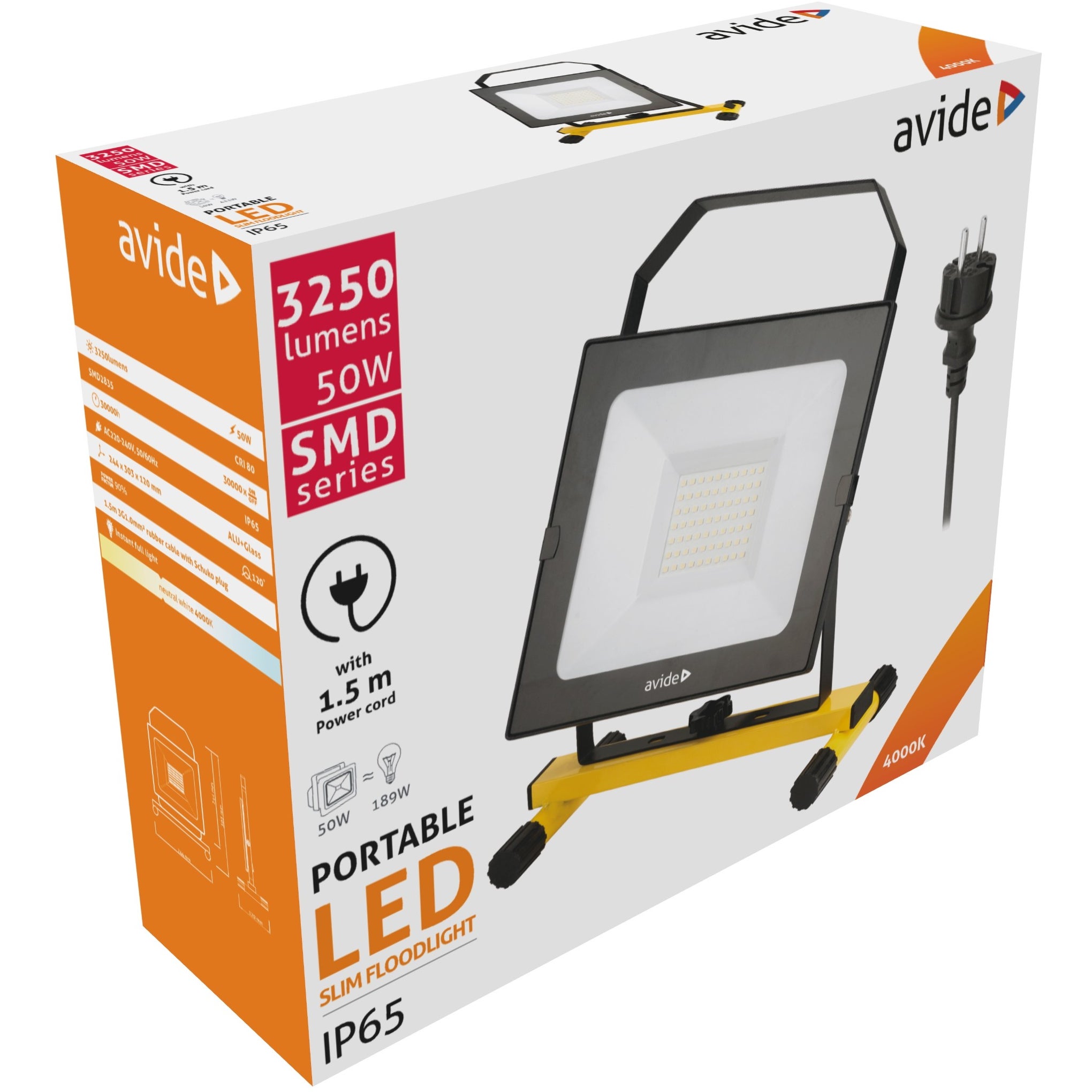 Avide LED Flood Light Slim SMD 50W 1.5M NW 4000K met standaard