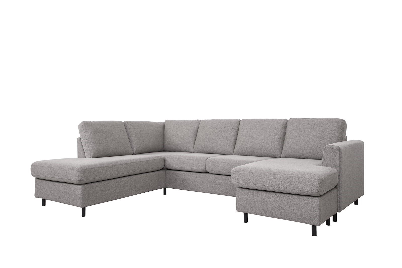 Oslo U-sofa Åpen ende venstre og sjeselong høyre. Tekstil Neve 85 Steel Grey med sorte ben