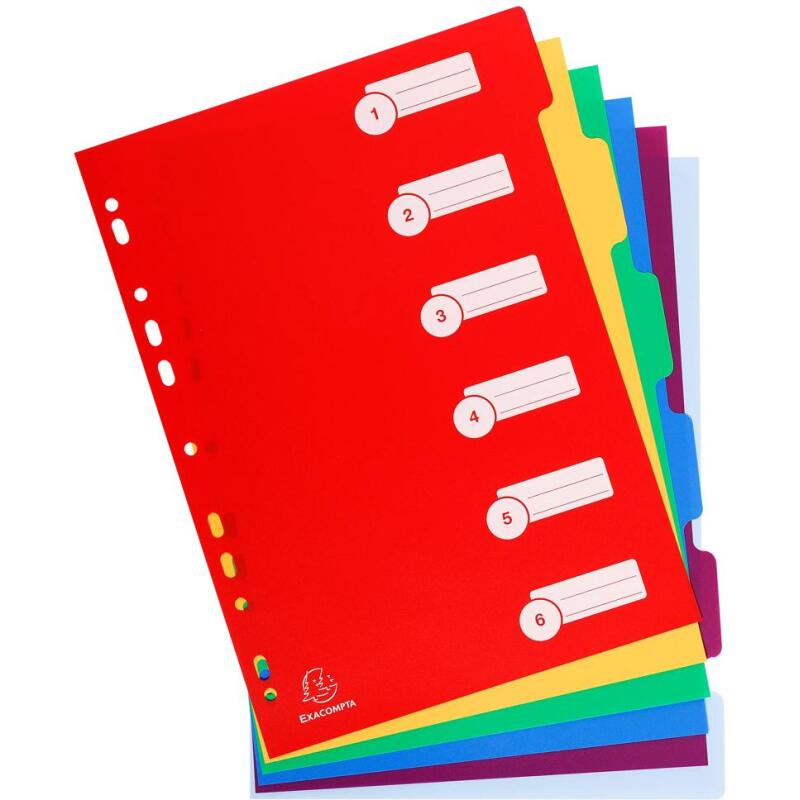 Intercalaires polypropylène opaque semi rigide 6 positions - A4 - Couleurs assorties