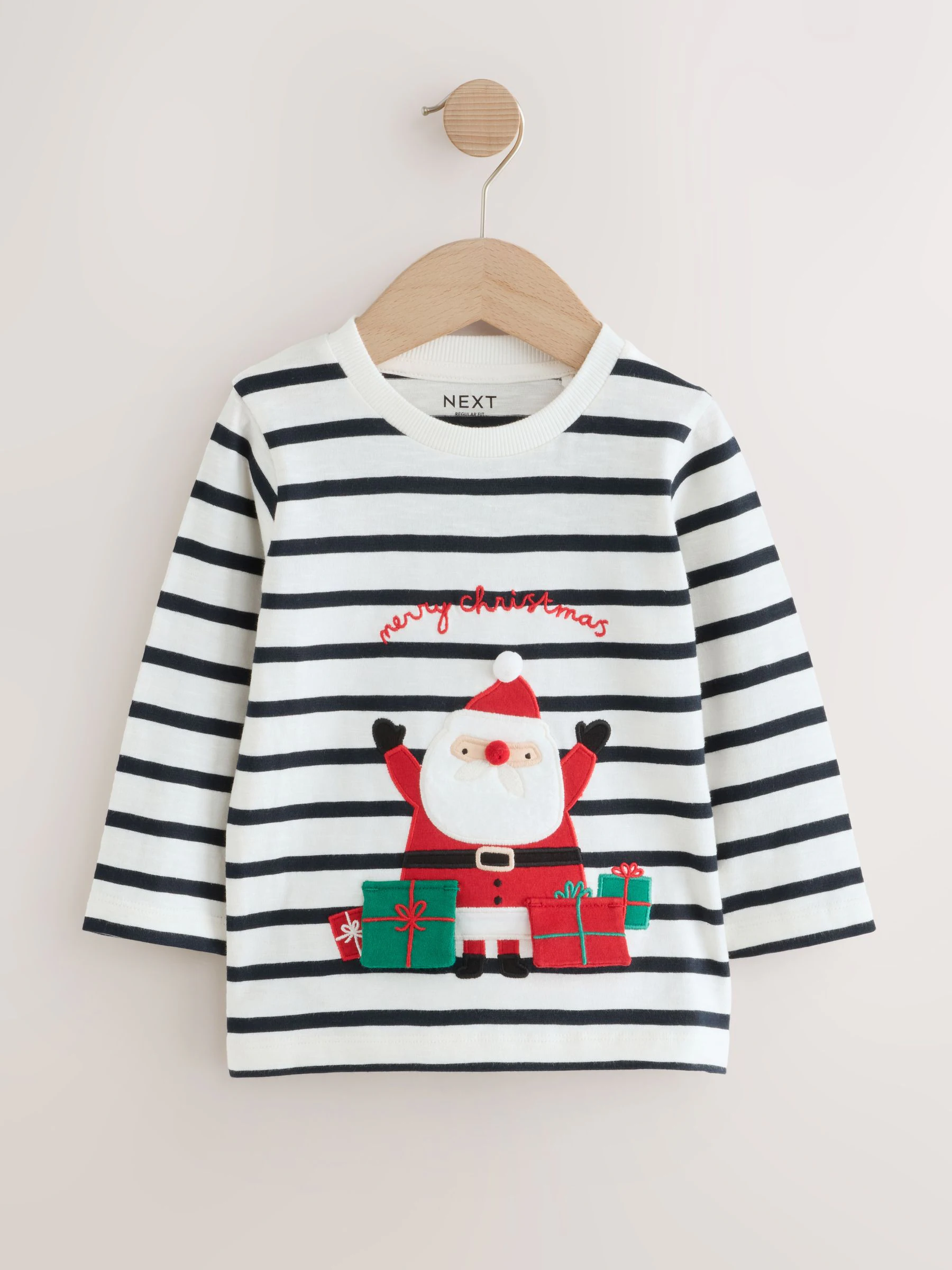 Wit/blauw Santa-applicatie - Kerst-T-shirt met lange mouwen (3mnd -7jr)