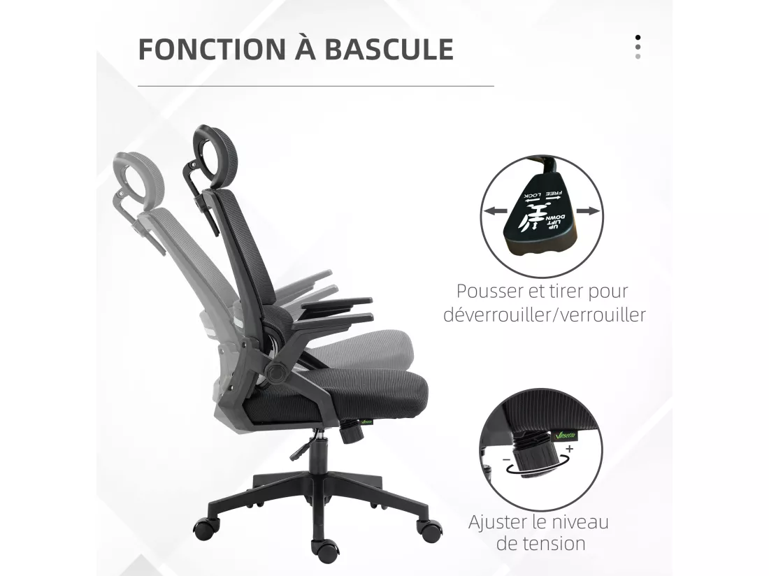 Chaise de bureau ergonomique réglable inclinable pivotante maille polyester noir