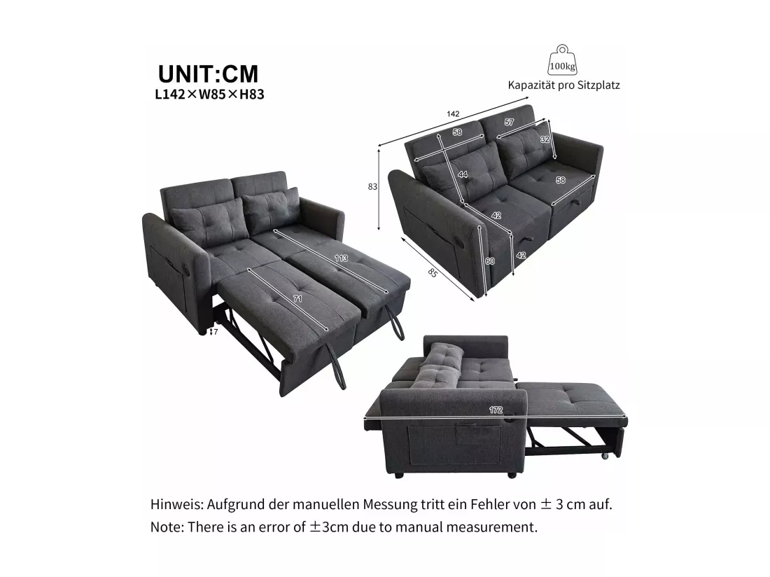 Canapé 3 en 1 - Canapé 2 places - Dossier réglable - Avec port USB - Poches d'accoudoirs + Coussins - Gris