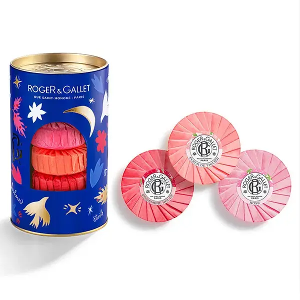 Conjunto de presente Roger & Gallet com 3 sabonetes benéficos de 100g: Flor de figo, Gengibre e Rosa.