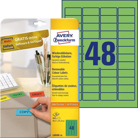 Avery Zweckform L6040-20 Farbige Etiketten,A4 45,7 x 21,2 mm, 20 Bogen/960 Etiketten, grün