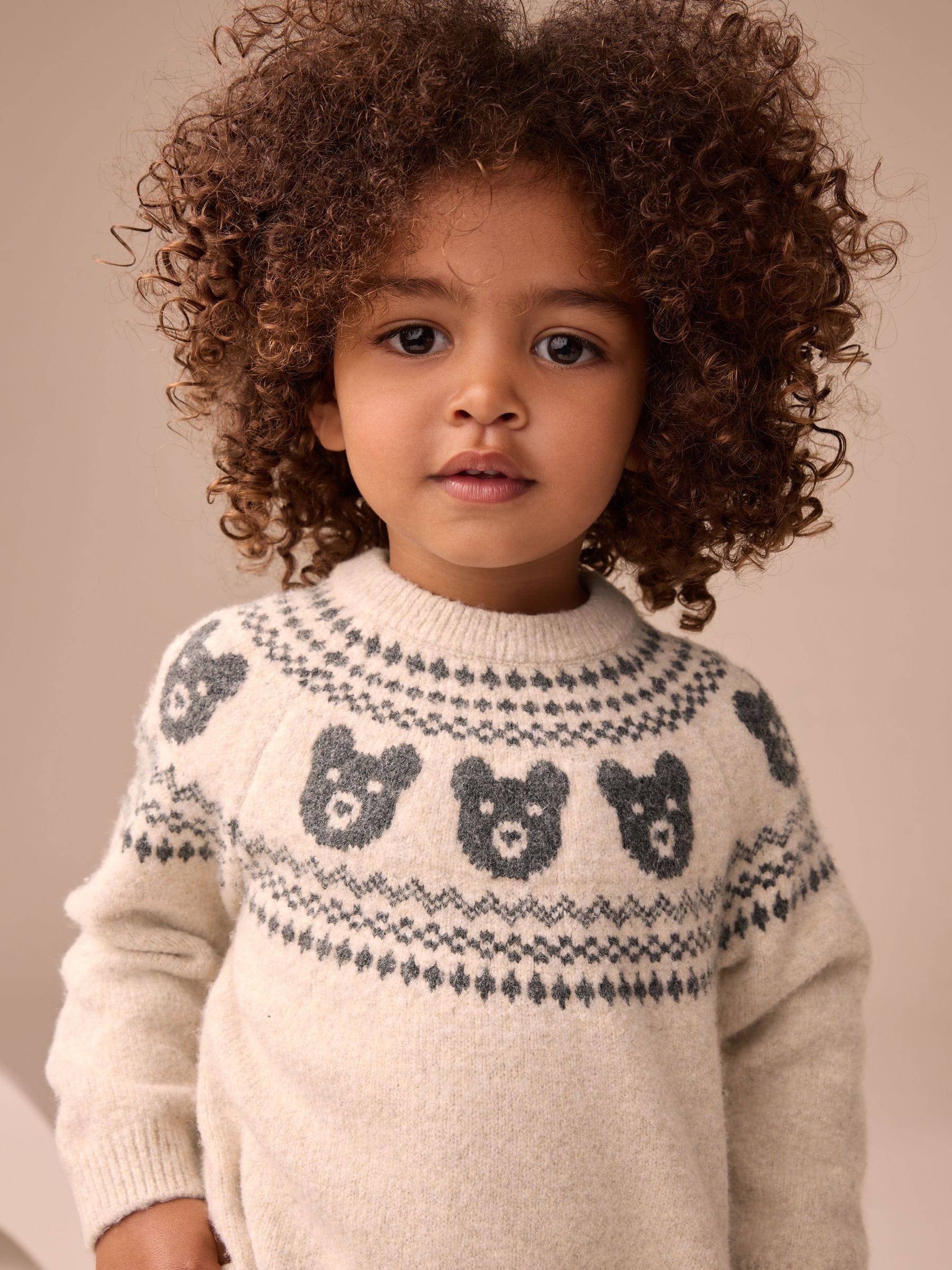Neutraal met beren - Gebreide trui met fairisle-motief en ronde hals (3mnd -7jr)