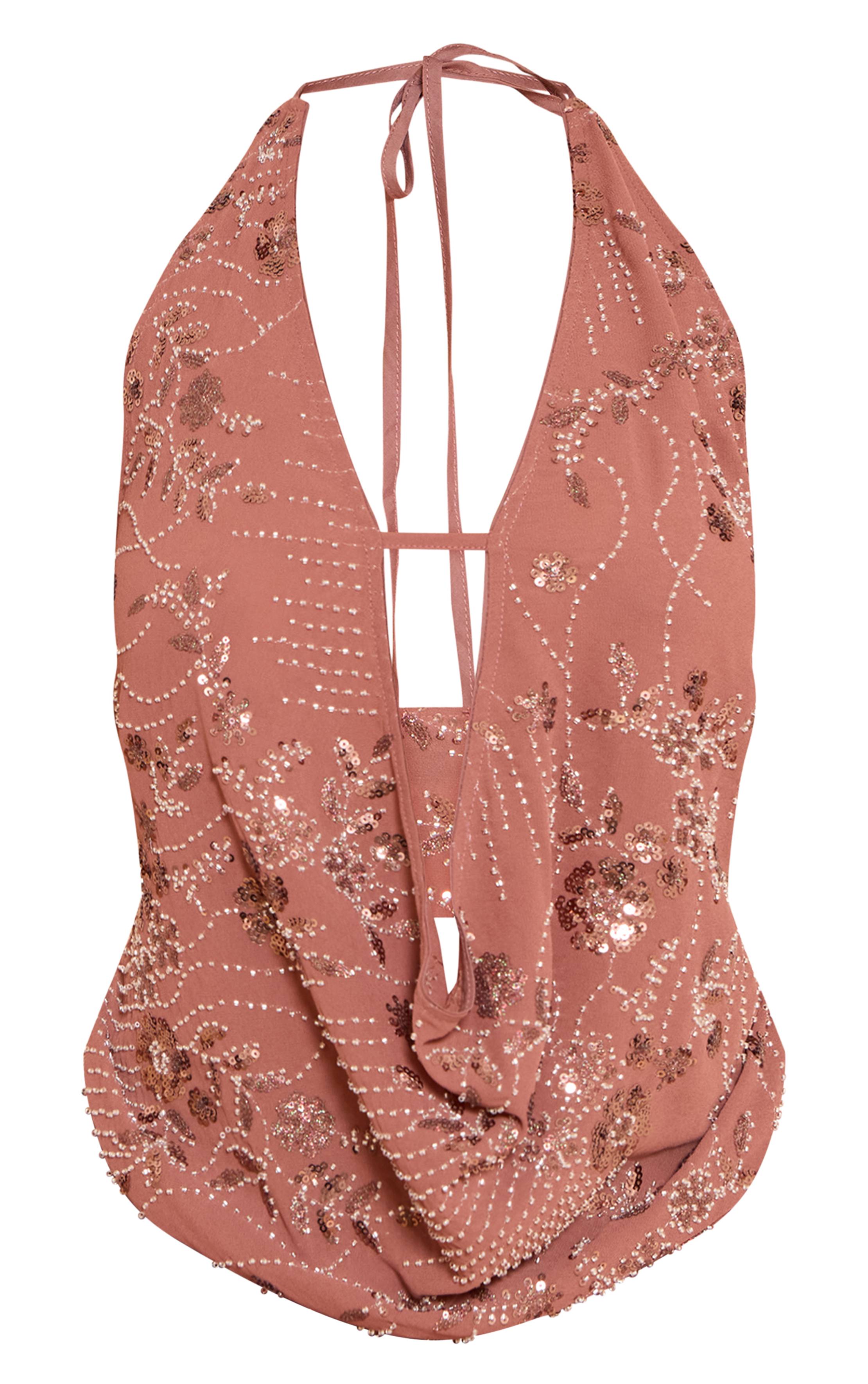 Marron Top Col Bénitier À Sequins Floraux Et Encolure Américaine Shape