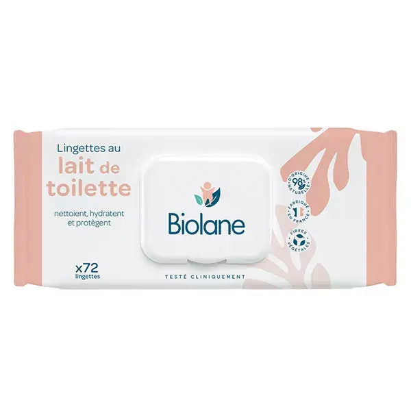 Biolane - Lingettes au Lait de Toilette - Nettoie, Hydrate, Protège - 72 unités
