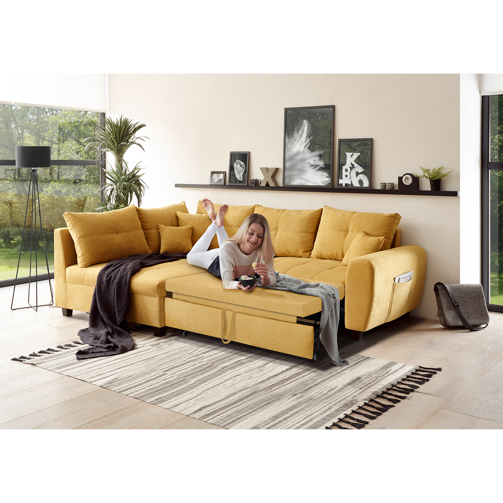 Ecksofa - senf - Liegefunktion - Recamiere links