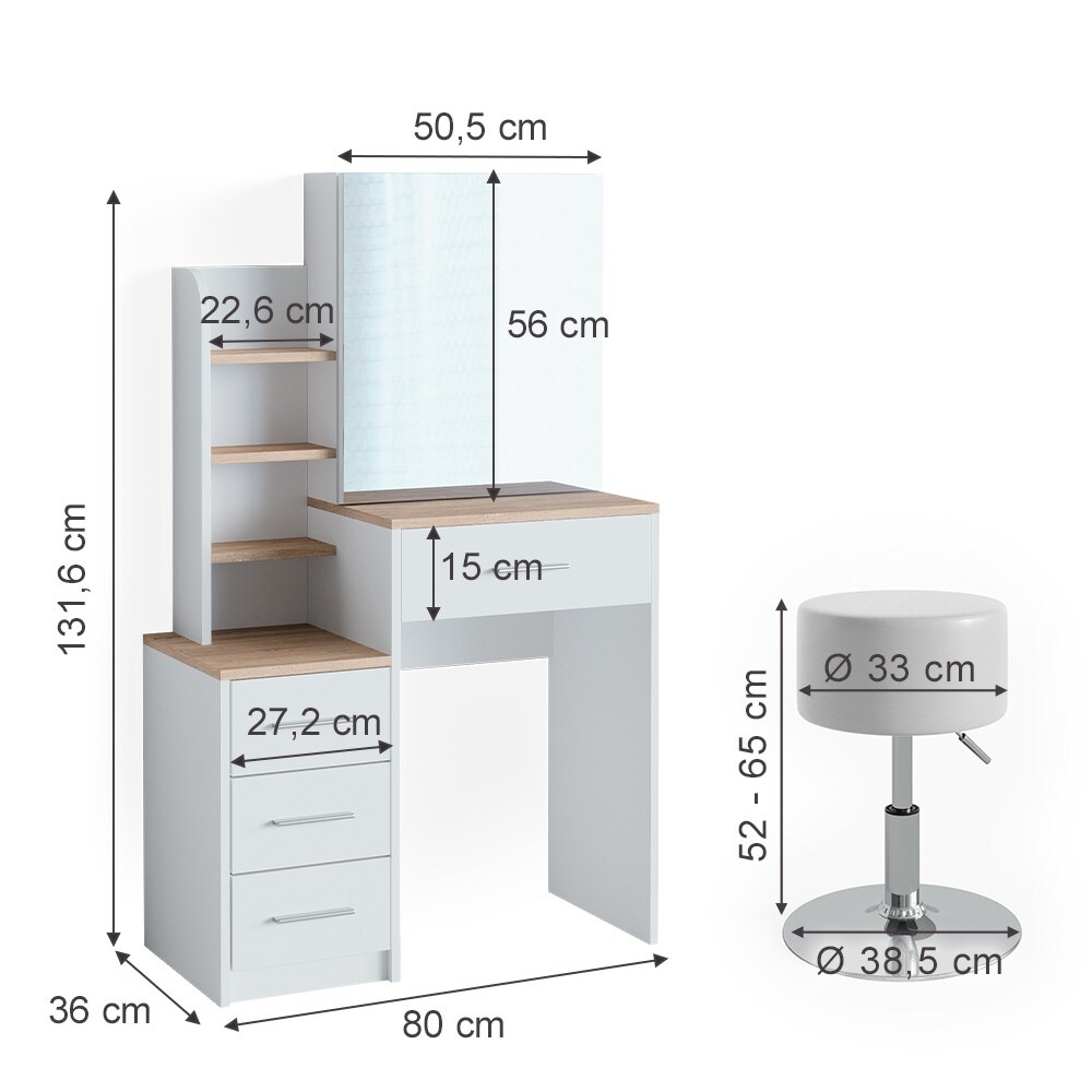 Vicco Schminktisch Frisiertisch Kosmetiktisch Conrada Weiß Sonoma Schminkspiegel 80x132 modern Hocker Schlafzimmerkommode Schminkkommode Schublade Spiegelschrank Frisierkommode Make-Up-Tisch