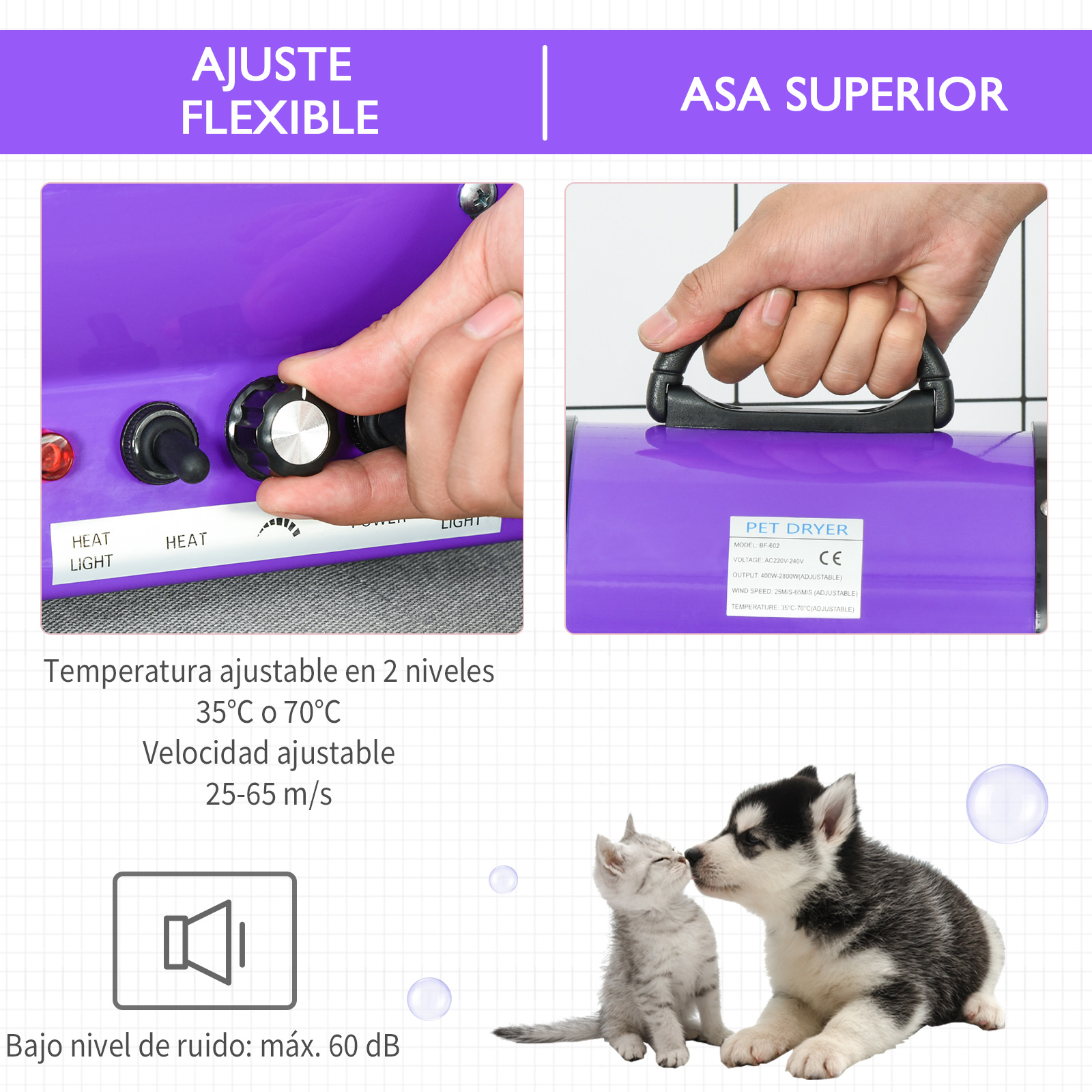 Secador de pelos para cães PawHut 2800W, soprador de água para animais de estimação com temperatura e velocidade do vento ajustáveis, 3 bicos, mangueira flexível de 2,1 m, alça portátil, 40 x 16 x 20 cm, preto e roxo.