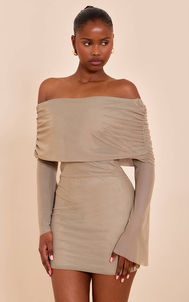Taupe Robe Courte Moulante En Mesh Doublée À Manches Longues