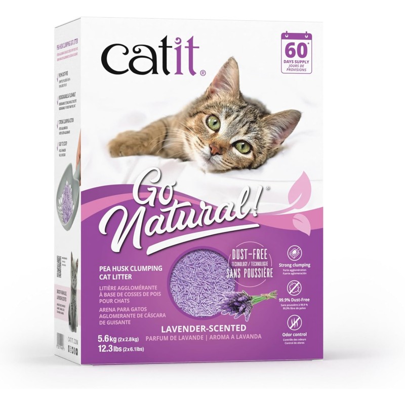 Areia higiênica aglomerante Catit Go Natural com casca de ervilha e aroma de lavanda.