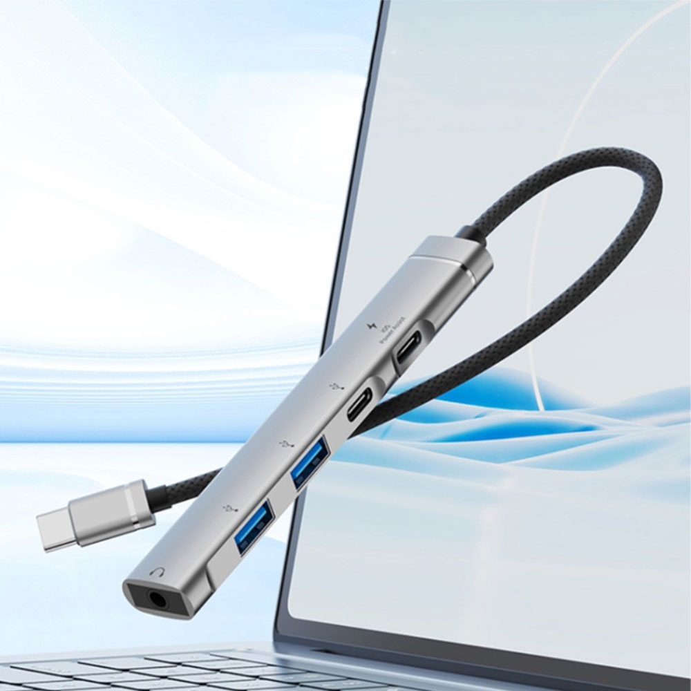 USB C 5 in 1 Multiport Adapter HUB mit 2x USB C (1x PD) / 2x USB 2.0 / 1x 3.5 mm Klinke - Silber