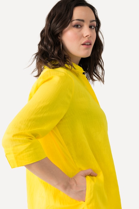 Longbluse, Leinenmix, A-Linie, Hemdkragen, 3/4-Arm