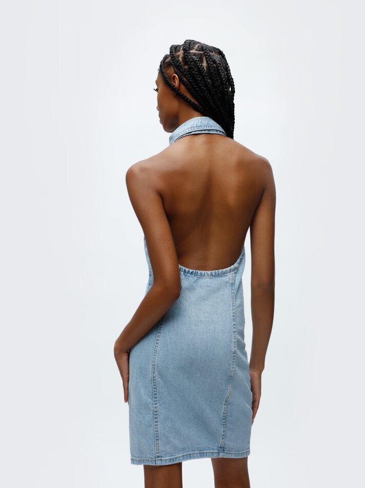 Vestido jeans com decote halter - Azul claro