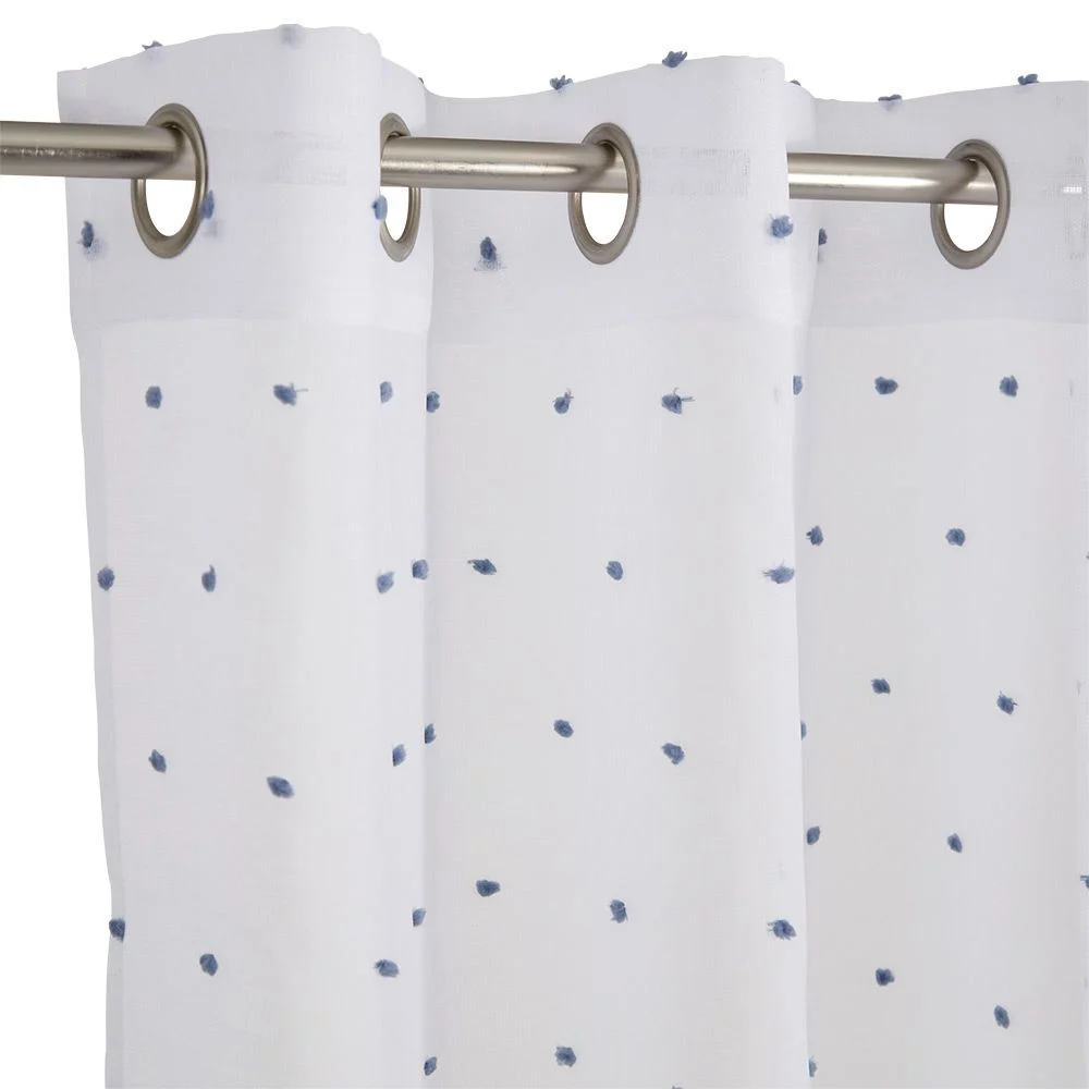 Voilage blanc avec pompons bleus 100% polyester 140x240cm