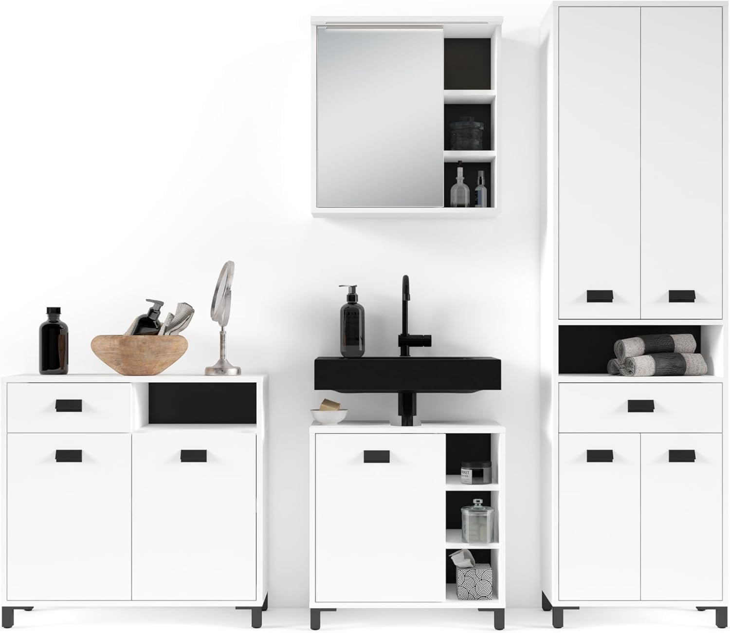 byLIVING Badezimmer-Hochschrank Wellness in Melamin weiß, Griffe aus Metall in schwarz/Badezimmerschrank 4 Türen mit offenen Elementen & viel Stauraum/B 54, H 193, T 31 cm