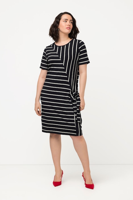Midikleid, Streifenmix, drapiert, Rundhals, Halbarm
