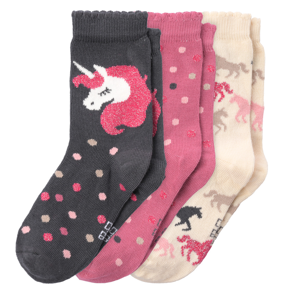 Topolino 3 Paar Mädchen Socken mit Einhorn-Motiven beige / pink / dunkelgrau