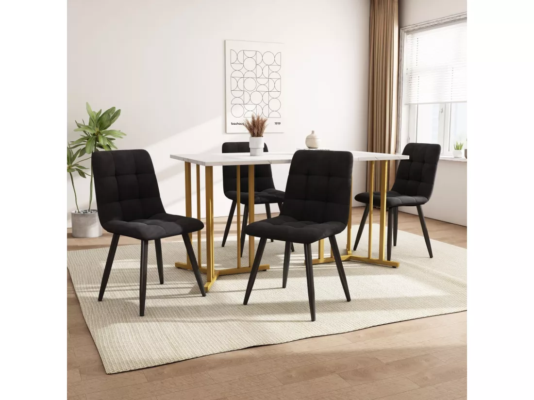Table à manger 4 personnes en MDF et métal, avec pieds réglables, motif en marbre, 140x80x75cm, Blanc