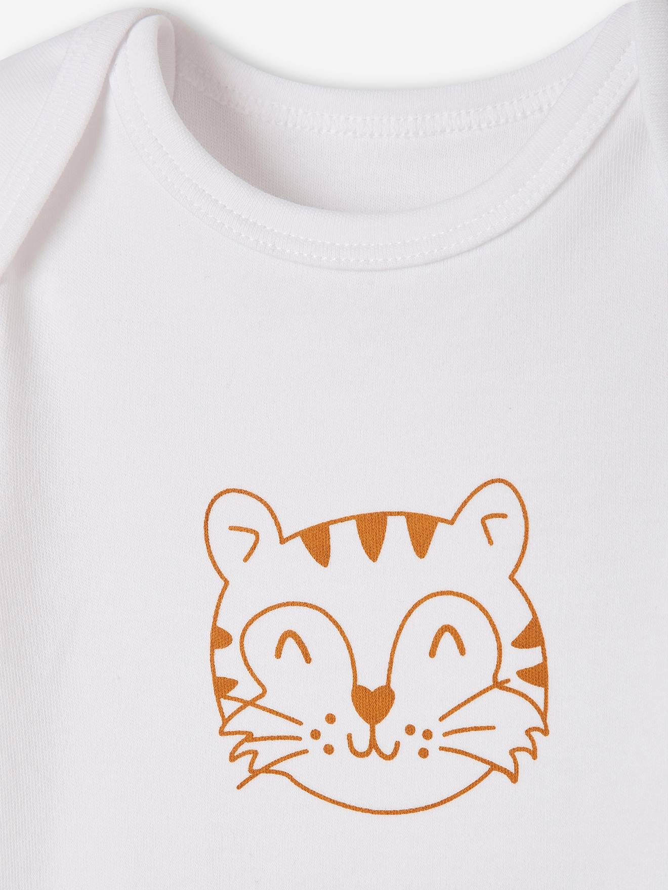 Conjunto de 5 bodies de manga curta com estampa de animais e abertura estilo americano, para recém-nascidos, nas cores branco claro e bicolor/multicolorido.