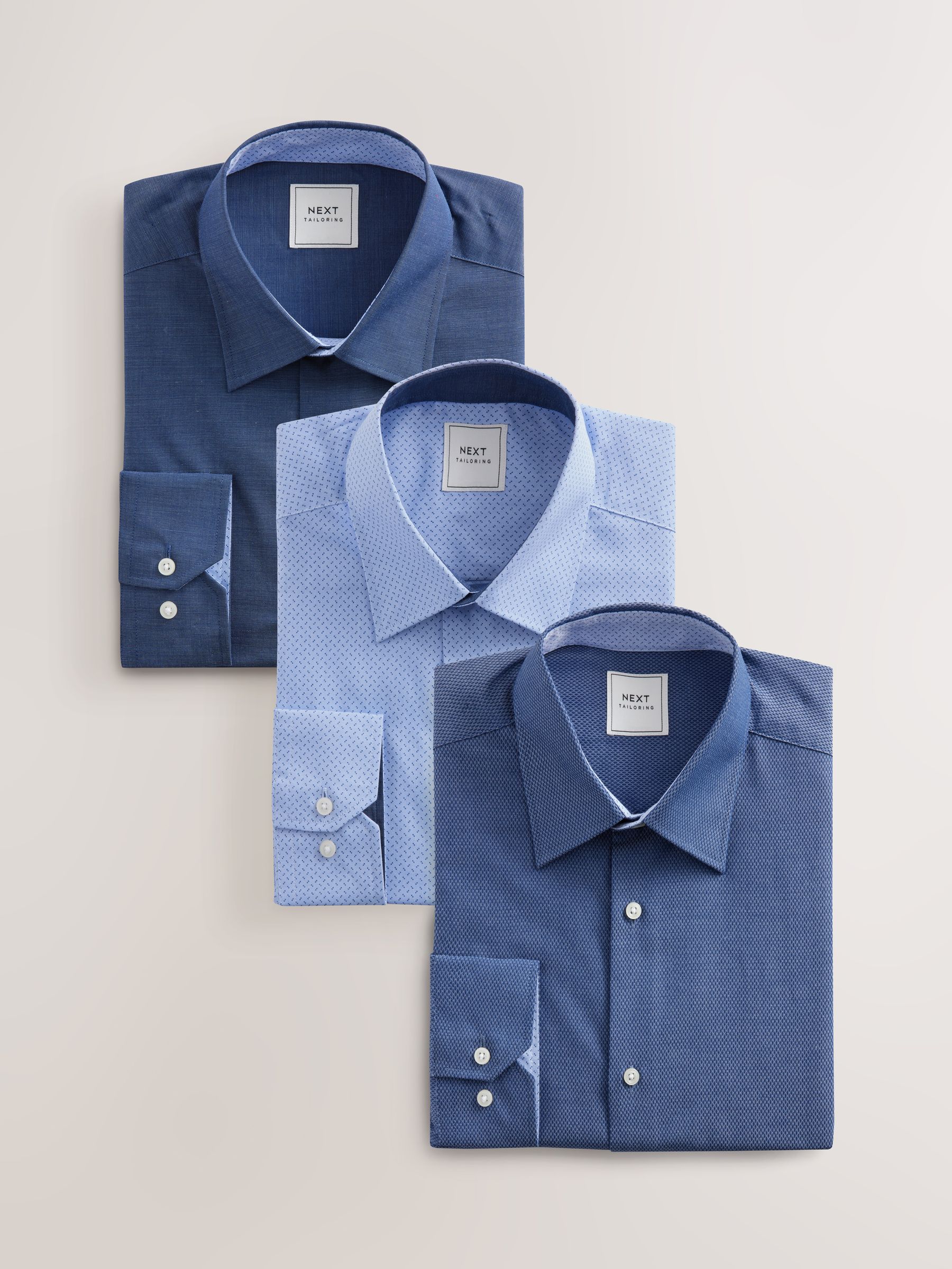 Indigo Blauw/Denim Blauw Stip/Wit Geometrisch Motief - Normale Pasvorm - Strijkvrije slimme overhemden met enkele manchet 3 pak