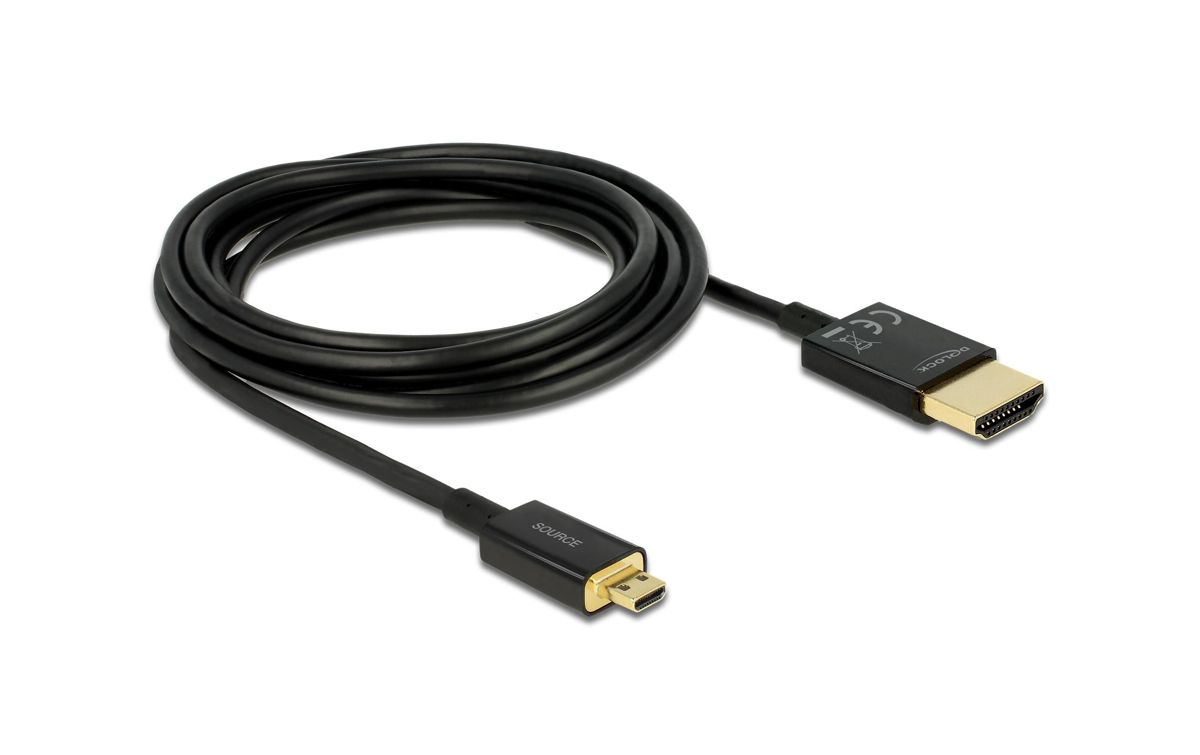 Kabel 4K 60Hz HDMI - Micro-HDMI (HDMI-D), 3 m, SchwarzDelock Kabel High Speed HDMI mit Ethernet – HDMI-A Stecker > HDMI Micro-D Stecker 3D 4K 3 m Slim High Quality