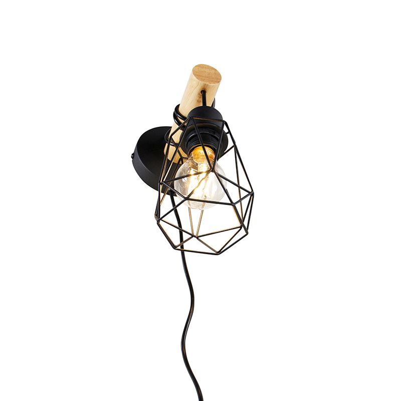Landelijke wandlamp zwart met hout - Dami Frame