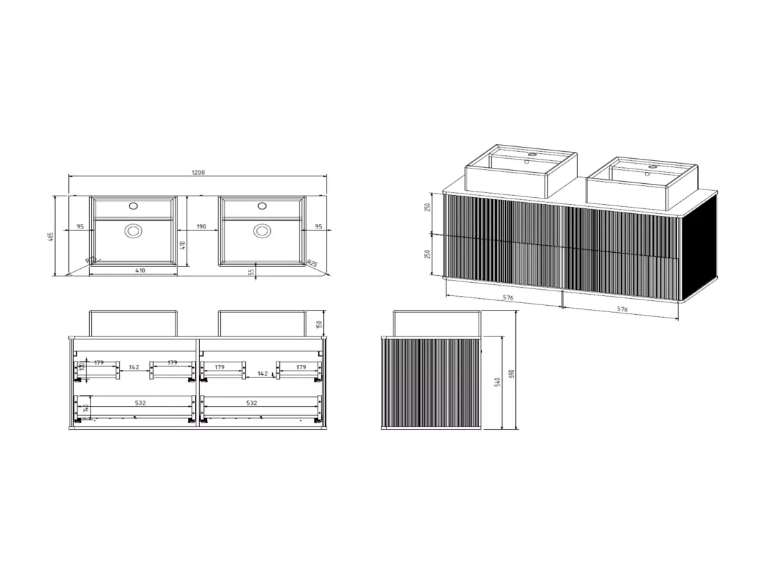 Meuble de salle de bain suspendu strié liseré doré avec double vasque à poser carrée - Noir - 120 cm - KELIZA