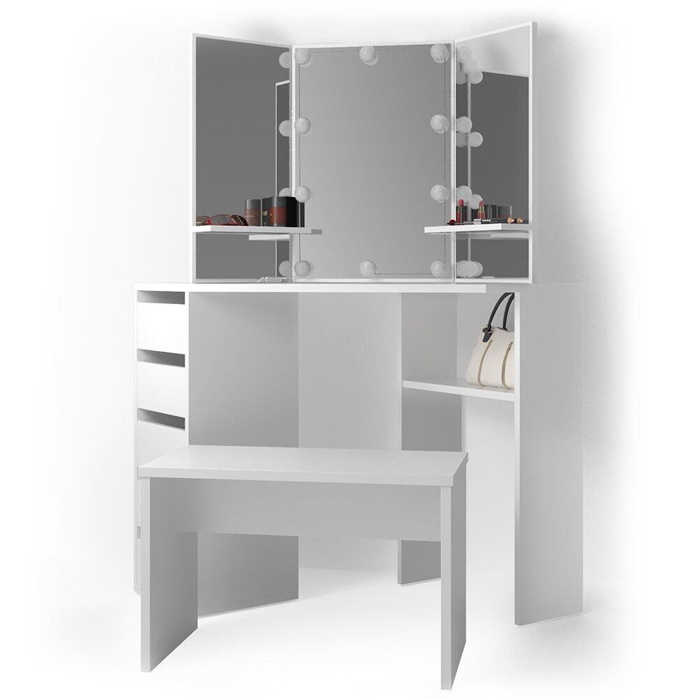 Vicco Eckschminktisch Arielle Kosmetiktisch Frisiertisch Schminktisch Weiß inklusive Sitzbank und LED-Lichterkette