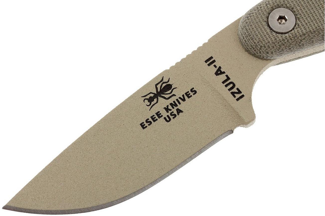 ESEE Izula II Desert Tan IZULA-II-DT survivalmes met zwarte schede   riemclip