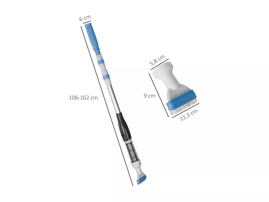 Aspirateur balai électrique sans fil piscine spa - manche télescopique 106-162 cm - brosse, sac filtrant - ABS alu. - blanc bleu