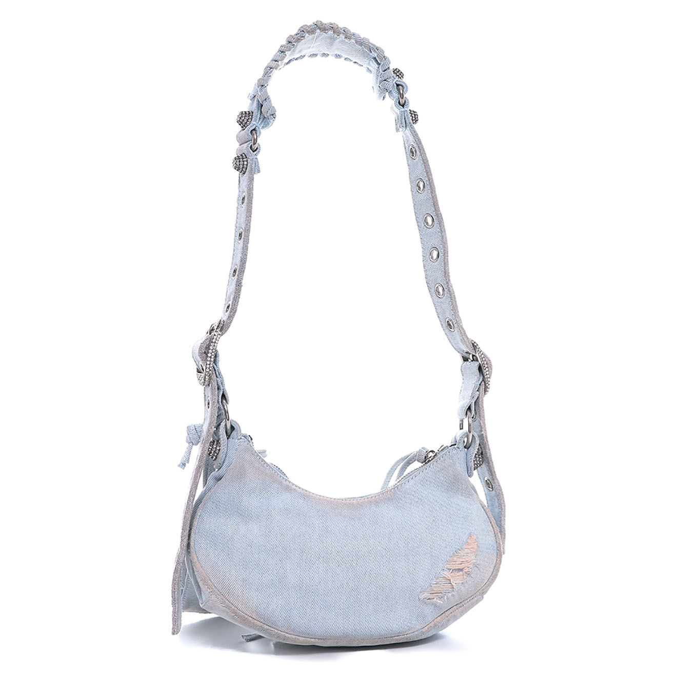 Balenciaga Sac bandoulière Cagole XS en Denim Strass Ciel effet déchiré bleu - Très bon état - L.24 cm