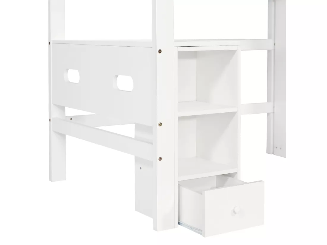 Lit superposé,Lit de maison,Lit d'enfant,avec barrière de sécurité,avec table et armoire,Étagère ouverte,Grand espace de rangement,Avec échelle à quatremarches,Pin+MDF+contreplaqué,Blanc+naturel,90x200cm,Sans matelas