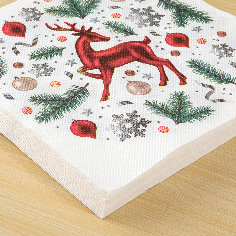 (20er Set) 33x33cm Weihnachts Einweg Servietten Party Tisch Dekoration - Tannenzweige / Rentier