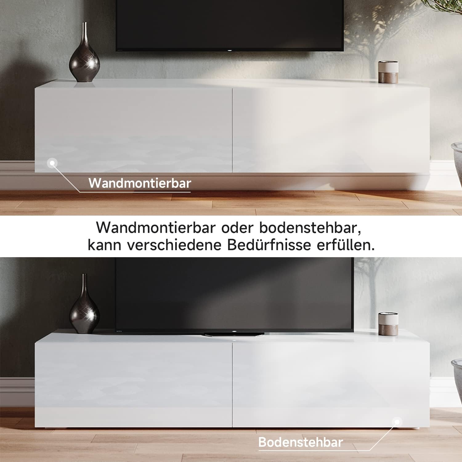SONNI TV-Schrank Modern 160cm, Lowboard Hochglanz Weiß Hängend/Stehend, TV-Regal mit 2 Schublade, 2 Türen, Griffloses, Fernsehtisch für Fernseher bis 65 Zoll Wohnzimmer & Schlafzimmer, 160x40x30cm.