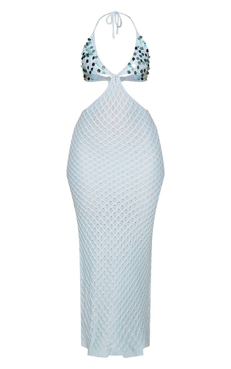 Bleu Glacé Robe Maxi Moulante En Maille À Découpes Et Buste Orné De Sequins Petite