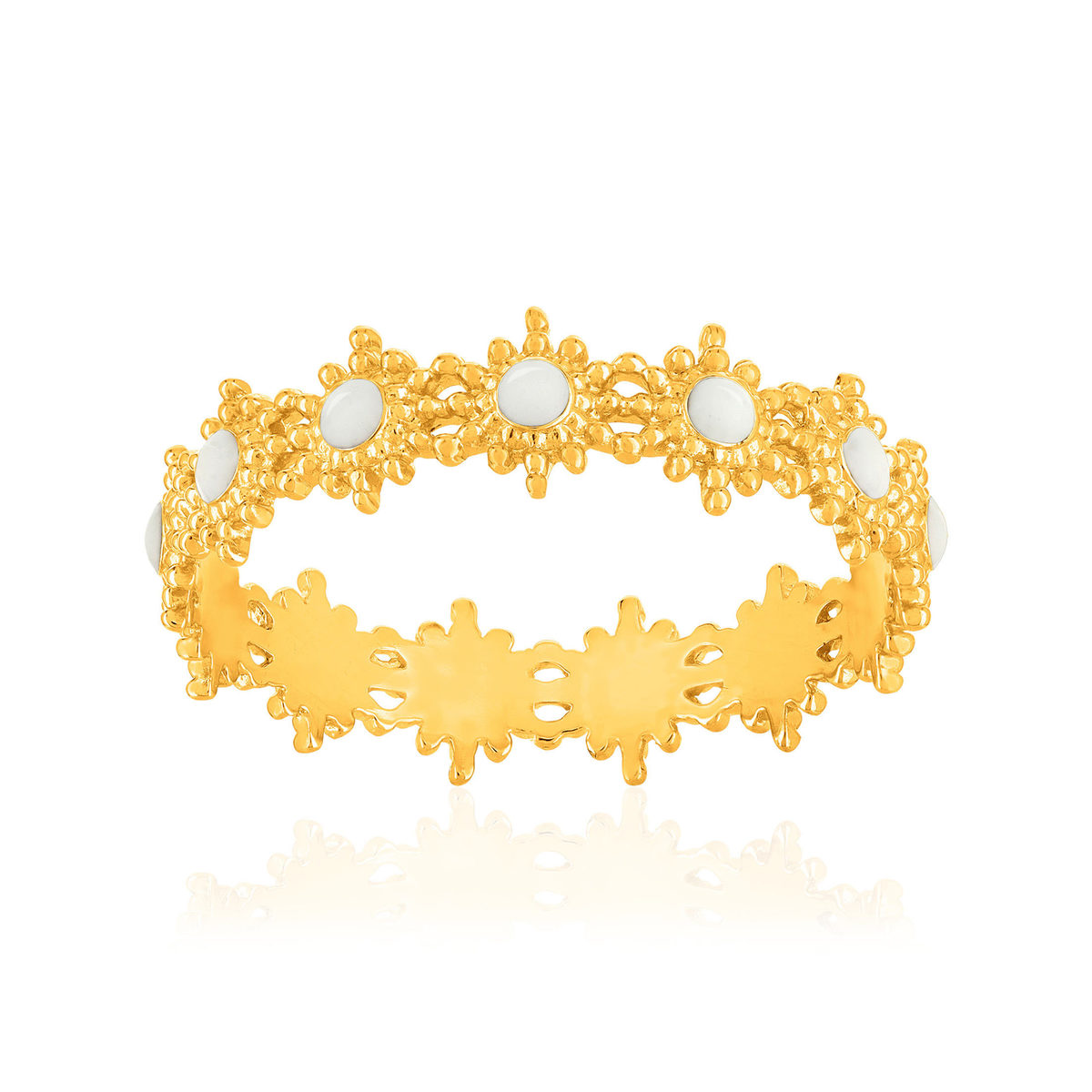 Bague plaqué or jaune perlée motif soleil et résine blanche