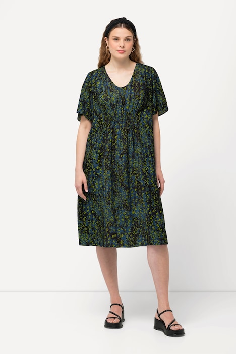 Kleid, Punkte, Smokeinsatz, V-Ausschnitt, Halbarm