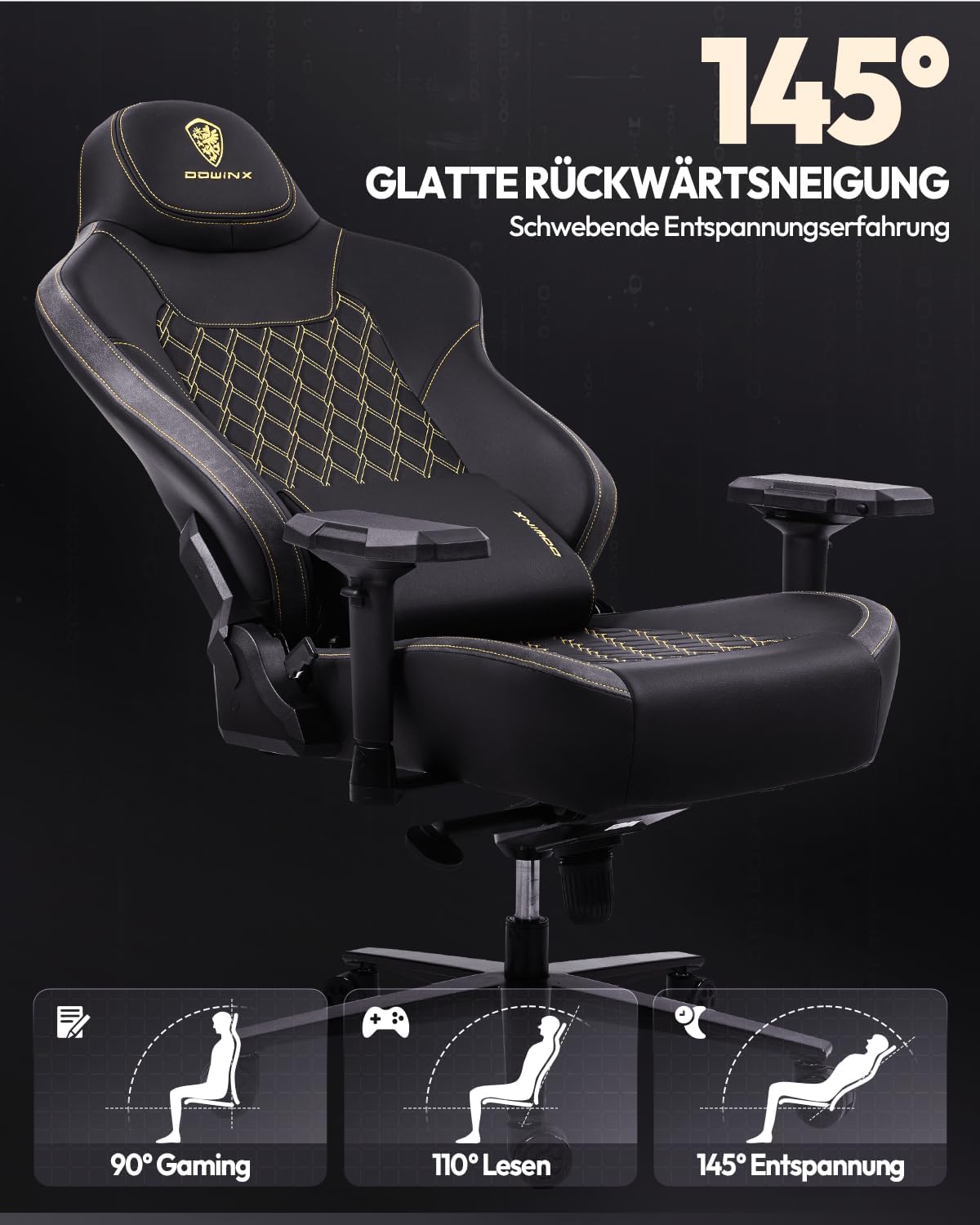 Dowinx Gaming Stuhl 200kg Belastbarkeit Chefsessel, Ergonomischer Bürostuhl mit 4D Armlehnen und Lendenwirbelstütze, Höhenverstellbarer Gaming Chair für Gamer und Esport Schwarz