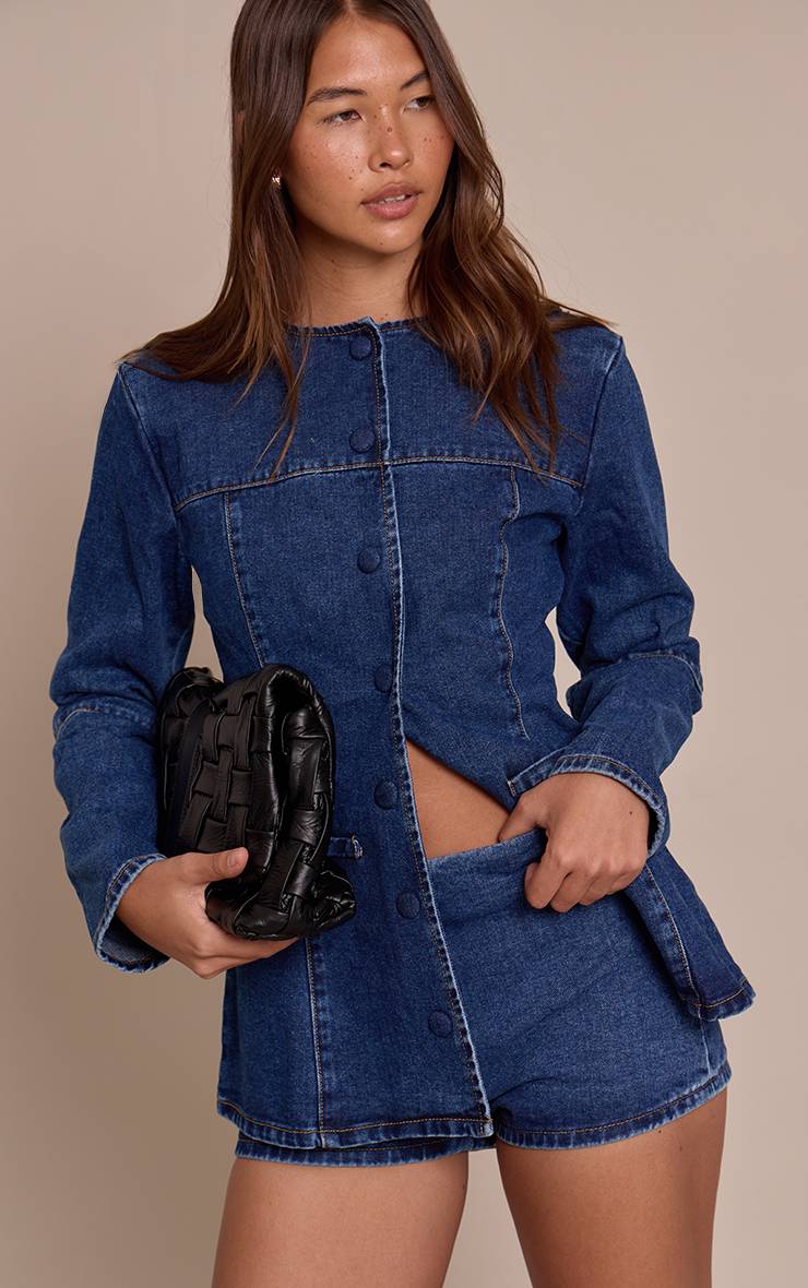 Mid Blue Wash Short En Jean Taille Haute Bleu Moyen